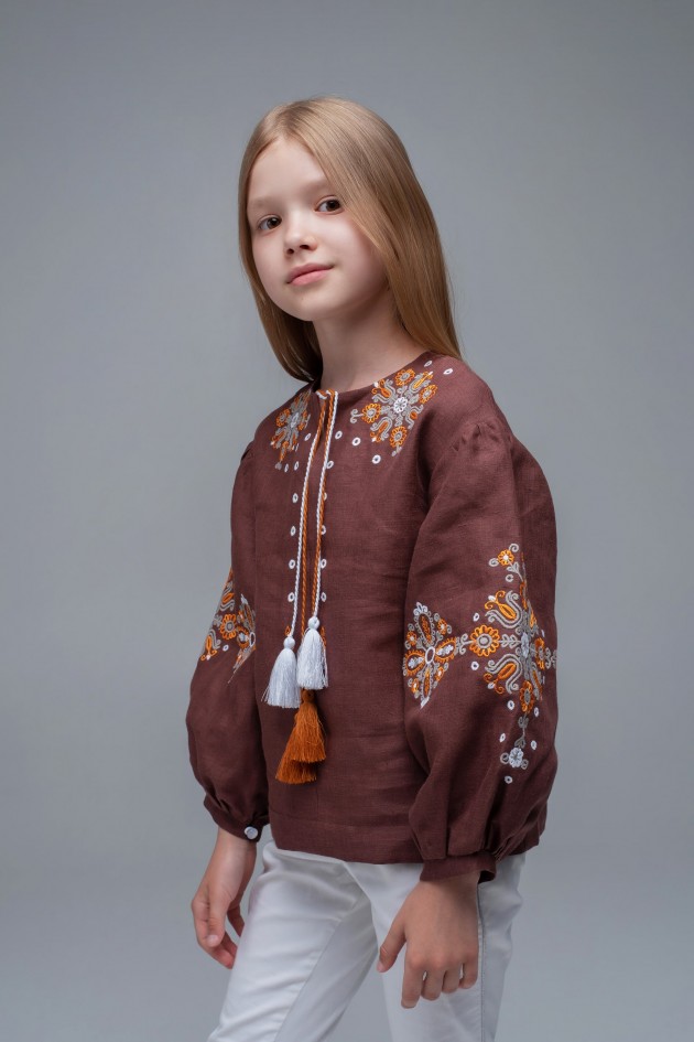 Embroidered blouse for girls Brown1
