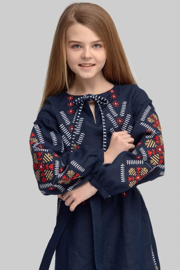 Вишита сукня вишиванка для дівчинки з довгим рукавом Dark blue