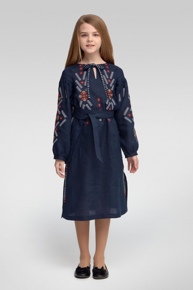 Вишита сукня вишиванка для дівчинки з довгим рукавом Dark blue