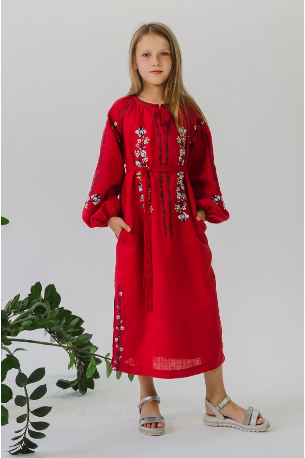 Вышитое платье для девочки Red UKR-0223