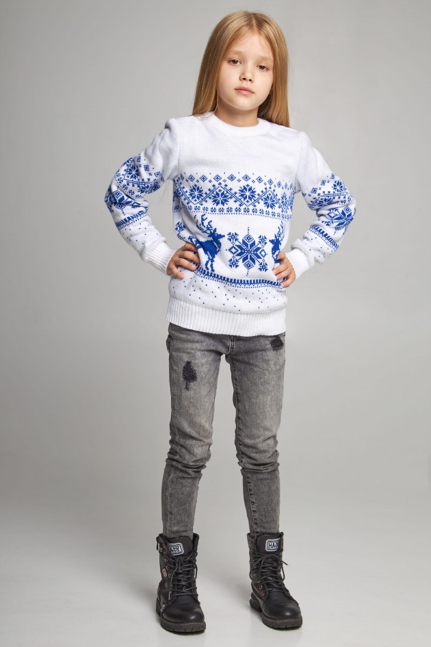 Knitted sweater for a girl Snowflakes with deer