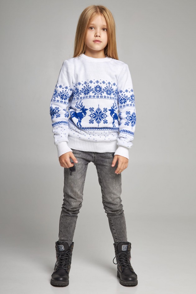 Knitted sweater for a girl Snowflakes with deer