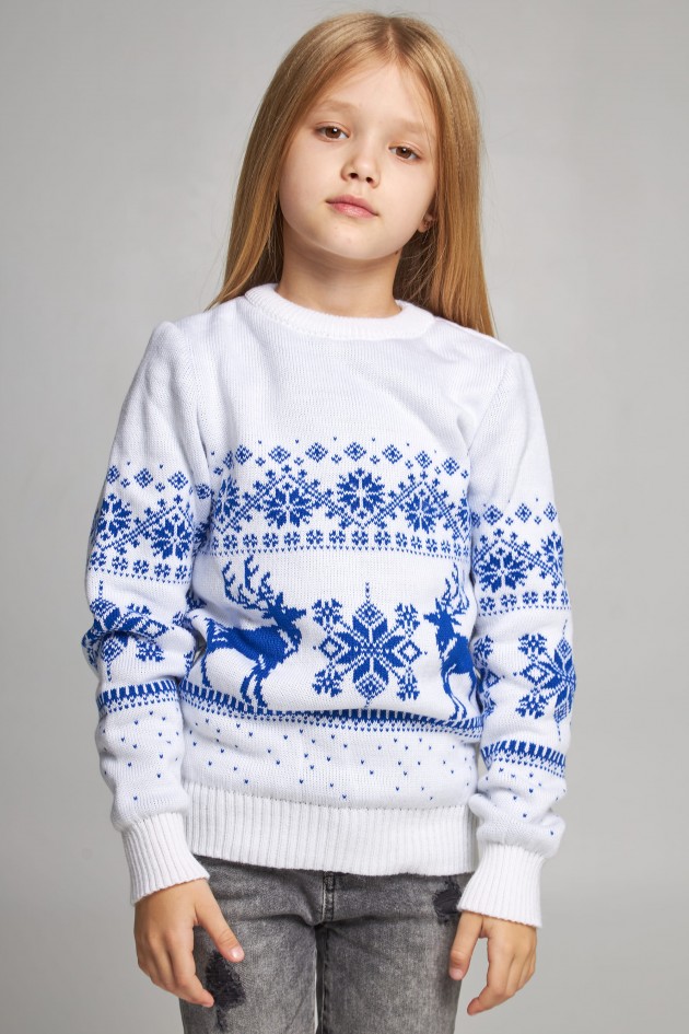 Knitted sweater for a girl Snowflakes with deer