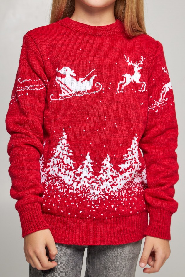 Knitted sweater for a girl Santa Claus with deer red deer UKRS-6627