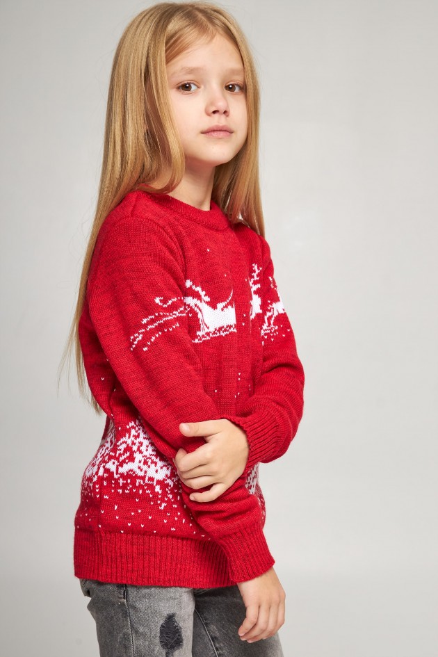 Knitted sweater for a girl Santa Claus with deer red deer UKRS-6627