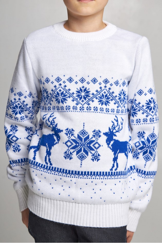 Knitted sweater for a boy snowflakes with deer white UKRS-6624