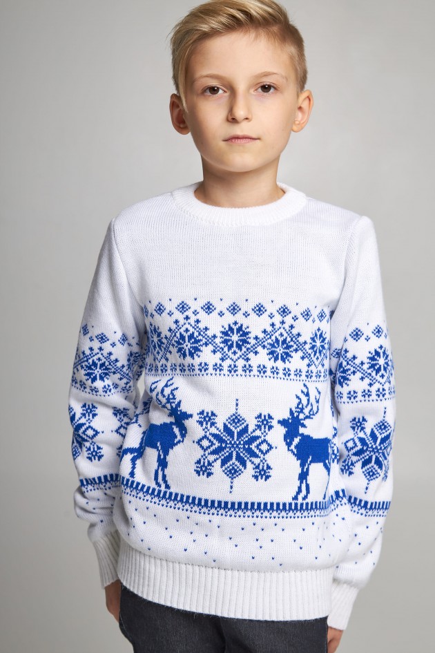 Knitted sweater for a boy snowflakes with deer white