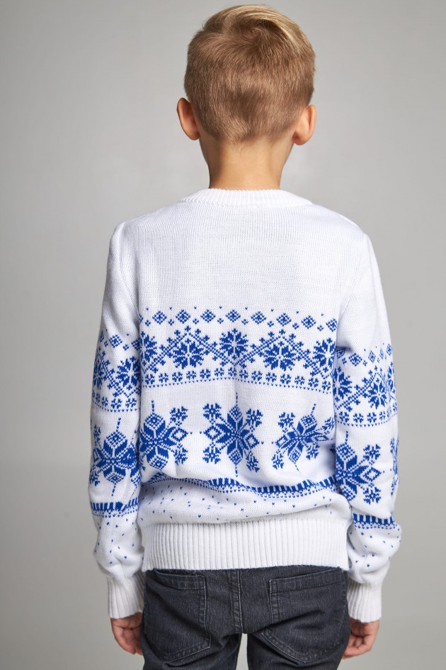 Knitted sweater for a boy snowflakes with deer white
