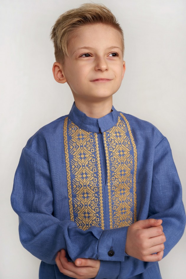 Children's embroidery for a boy blue with yellow embroidery UKR-0141