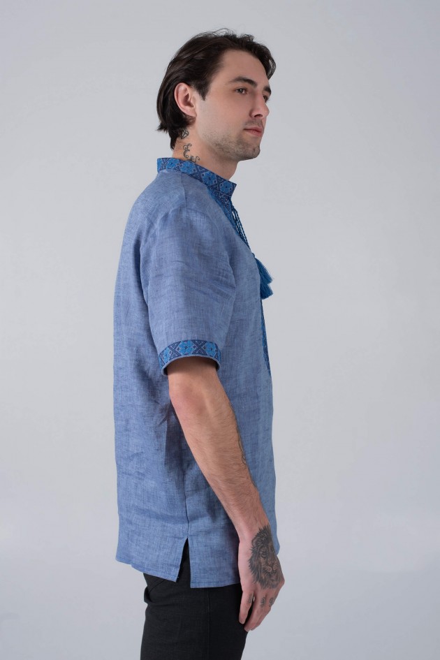 Blue men's embroidered shirt with a stand and short sleeve