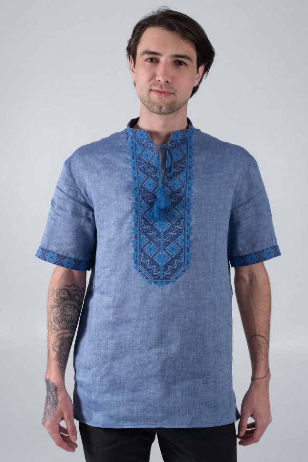 Blue men's embroidered shirt with a stand and short sleeve