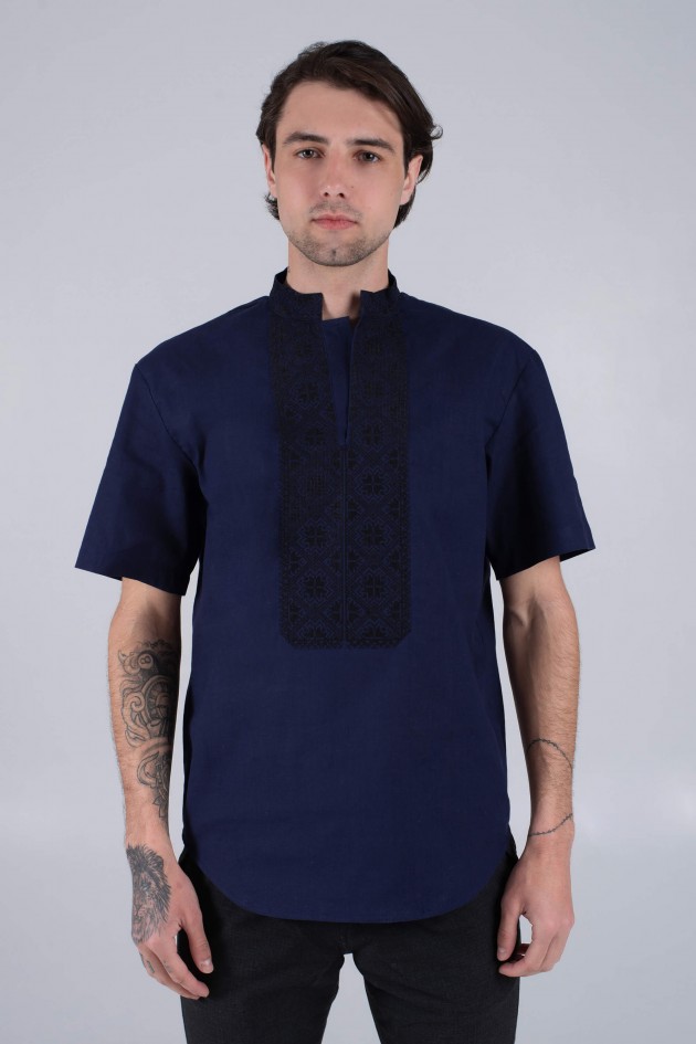Men's embroidered blue shirt with short sleeve