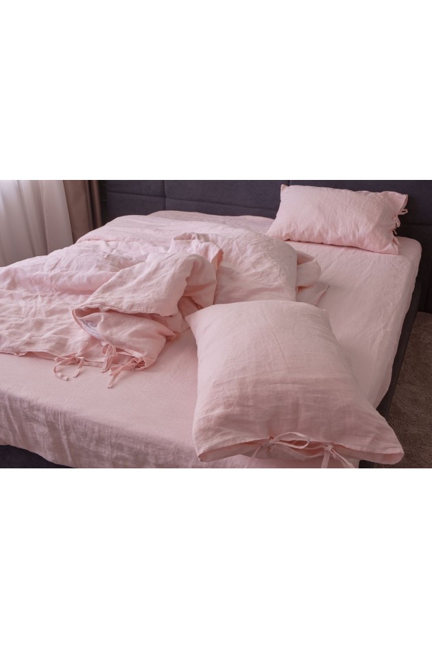Pink bed made of clean linen POST-10009
