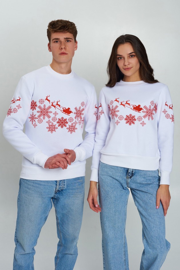 New Year's white sweaters for two with Santa Claus