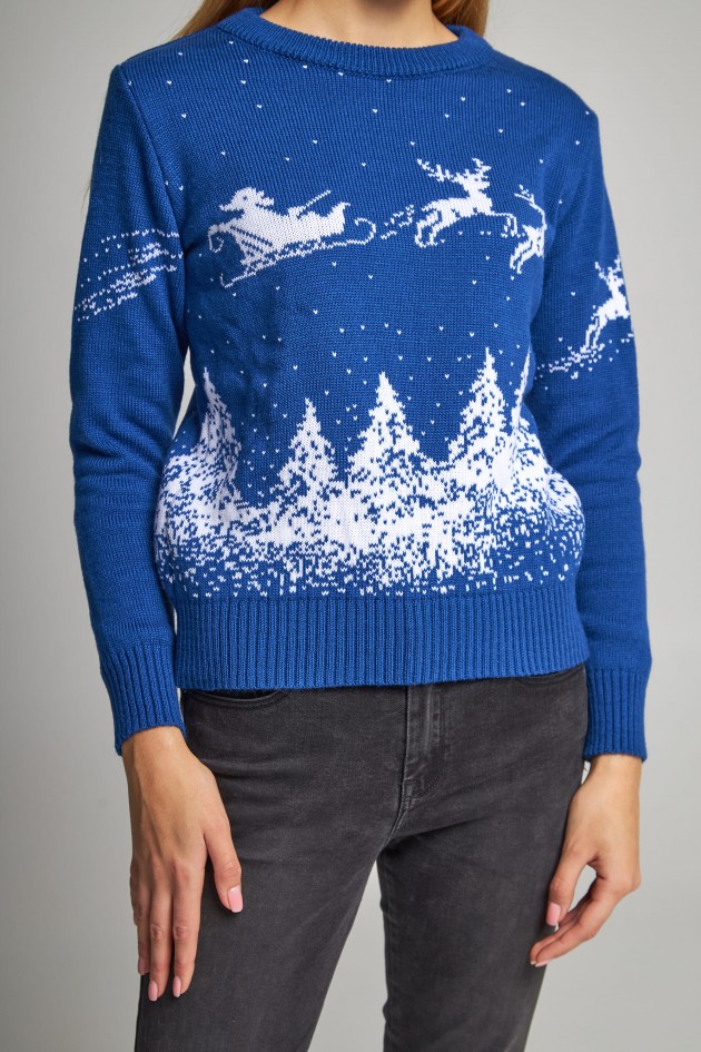 Women's knitted sweater Santa Claus with deer blue UKRS-8844