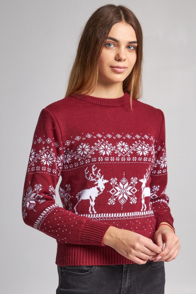 Women's knitted New Year sweater snowflakes with deer burgundy UKRS-8847