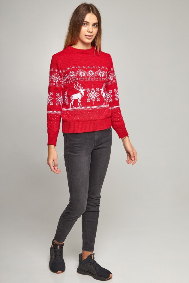 Women's New Year's knitted sweater snowflakes with deer red UKRS-8848