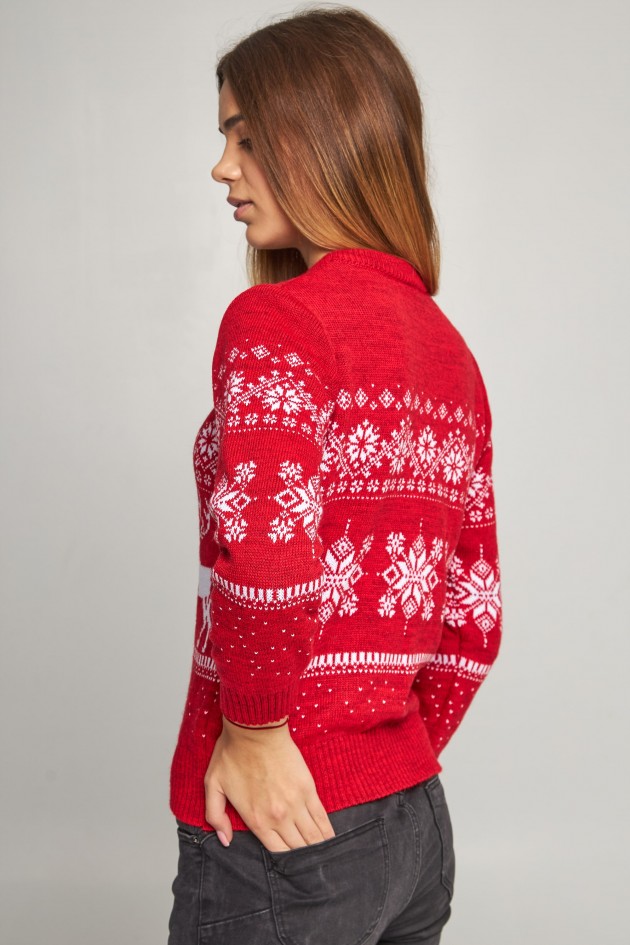Women's New Year's knitted sweater snowflakes with deer red UKRS-8848
