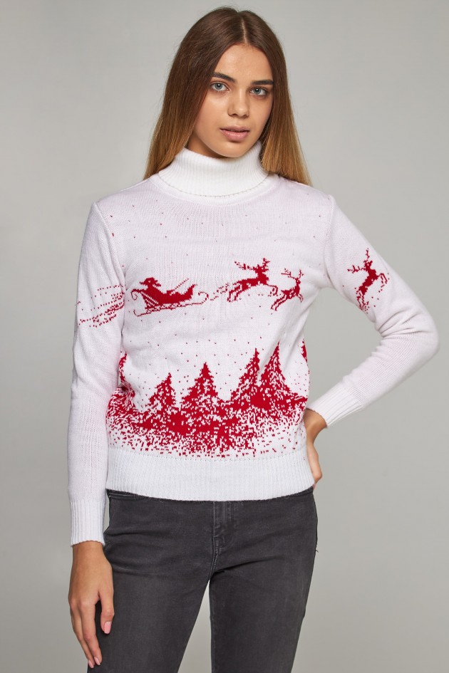 Women's knitted sweater Golf Santa Claus with deer white UKRS-8849