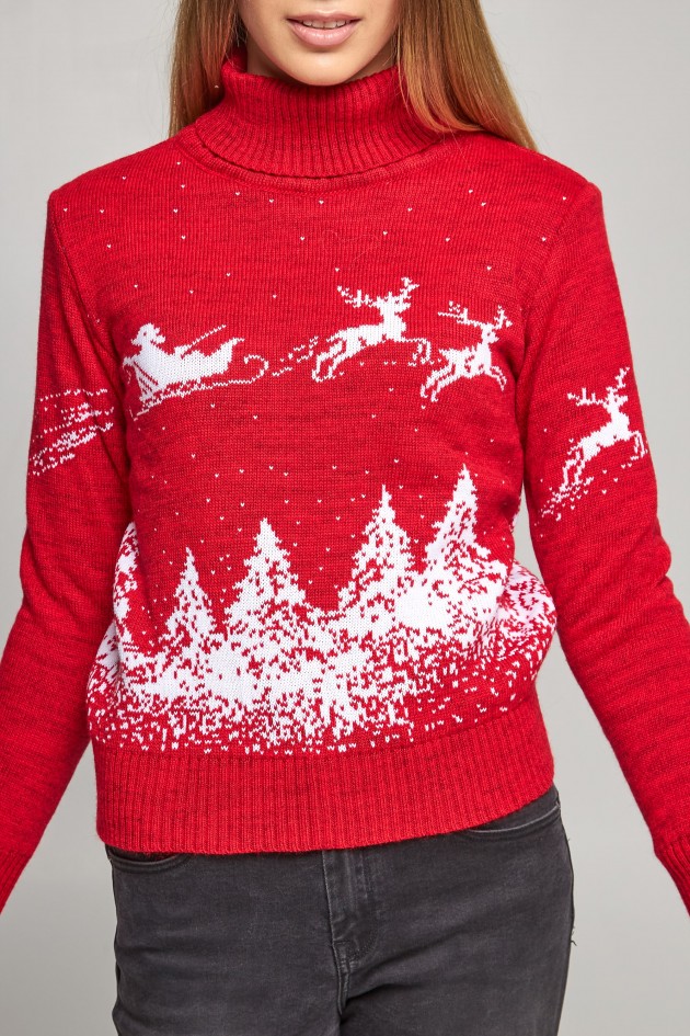Women's New Year's knitted sweater Golf Santa Claus with deer red deer UKRS-8850