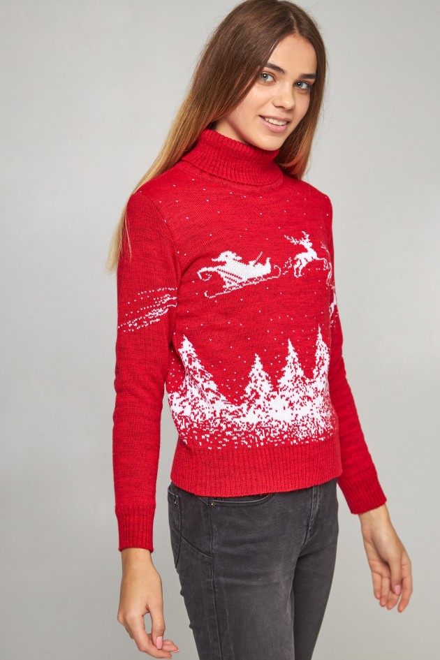 Women's New Year's knitted sweater Golf Santa Claus with deer red deer UKRS-8850