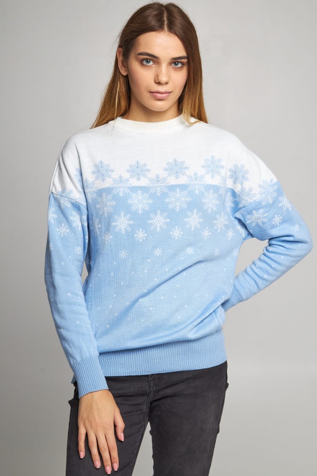 Women's New Year's knitted sweater snowflakes blue