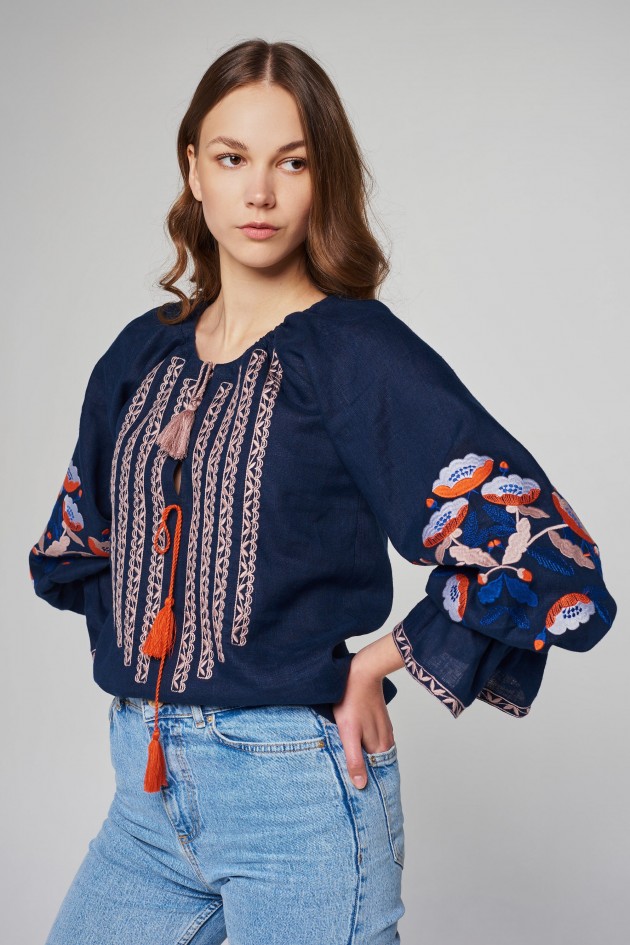 Women's linen embroidered blouse Dark blue UKR-5231