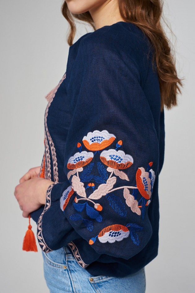 Women's linen embroidered blouse Dark blue UKR-5231