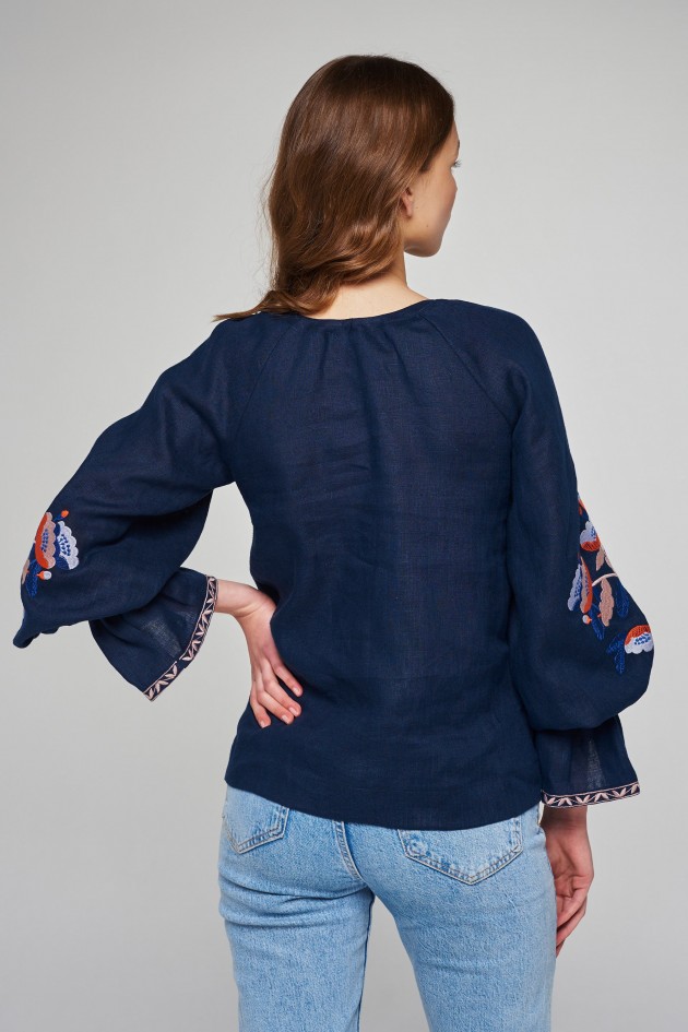 Women's linen embroidered blouse Dark blue UKR-5231