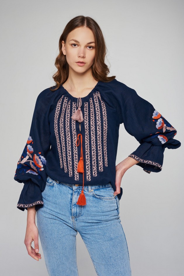 Women's linen embroidered blouse Dark blue