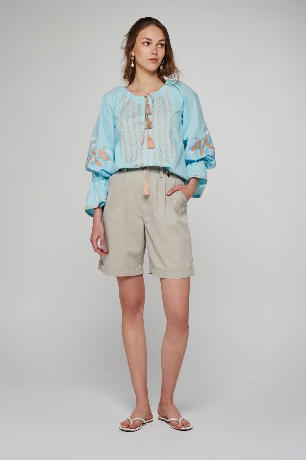 Women's linen embroidered blouse Blue