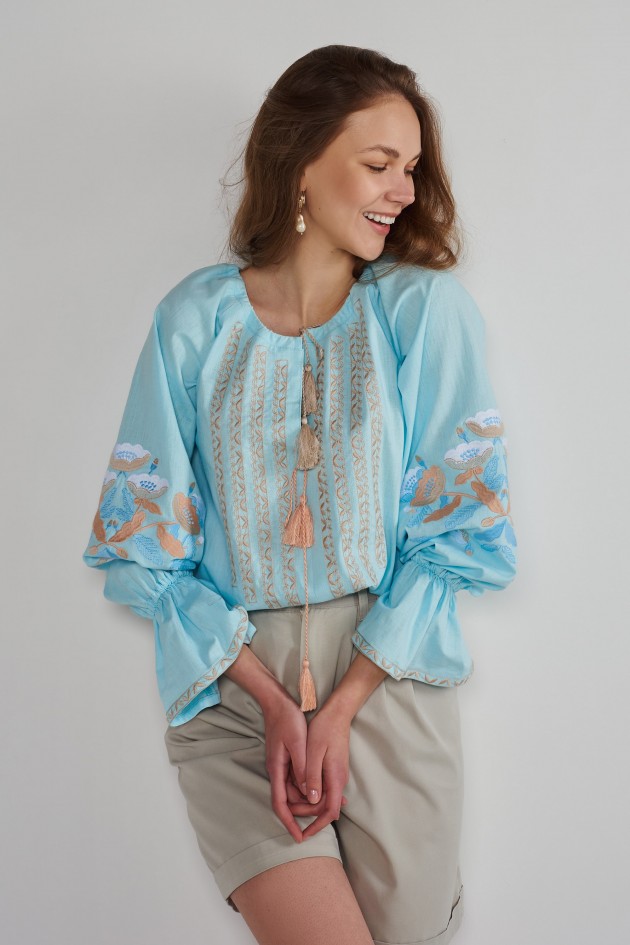Women's linen embroidered blouse Blue UKR-5232