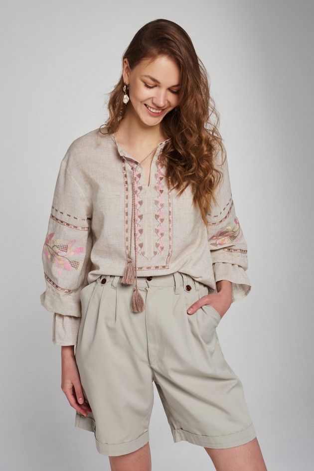 Жіноча лляна вишита блуза Beige UKR-5234