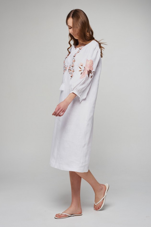 Women's linen embroidered dress White UKR-4231