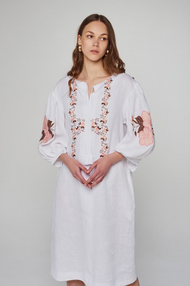 Women's linen embroidered dress White UKR-4231