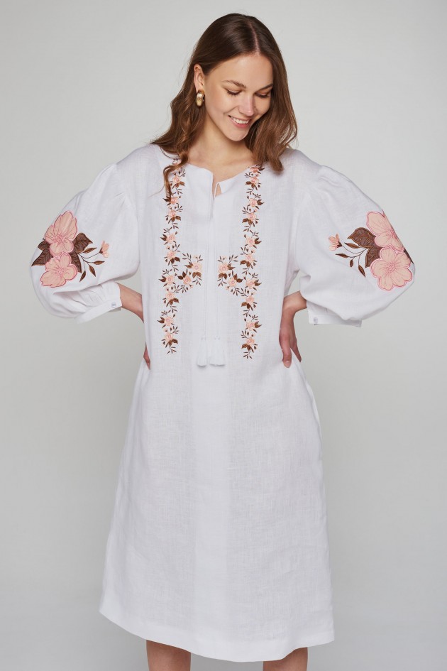 Women's linen embroidered dress White UKR-4231