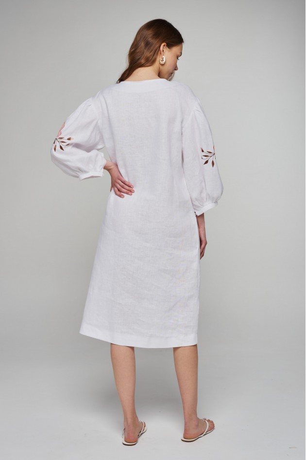 Women's linen embroidered dress White UKR-4231