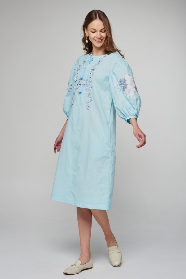 Women's linen embroidered dress Blue UKR-4233