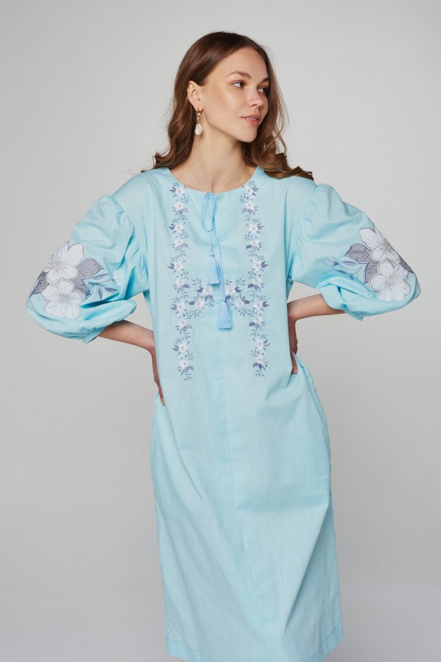 Women's linen embroidered dress Blue UKR-4233