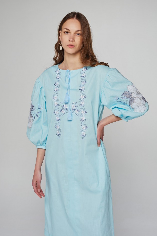 Women's linen embroidered dress Blue UKR-4233