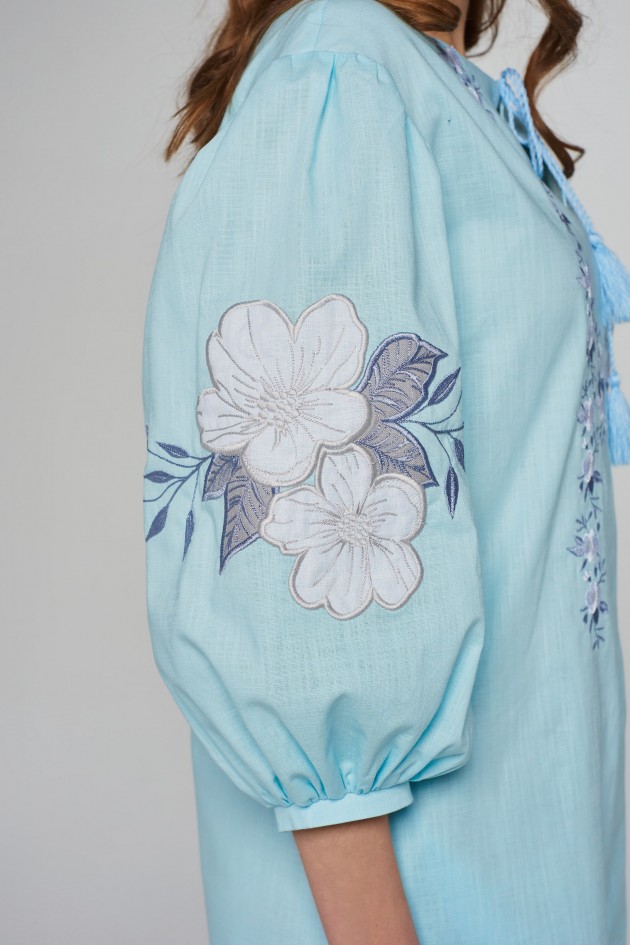 Women's linen embroidered dress Blue UKR-4233