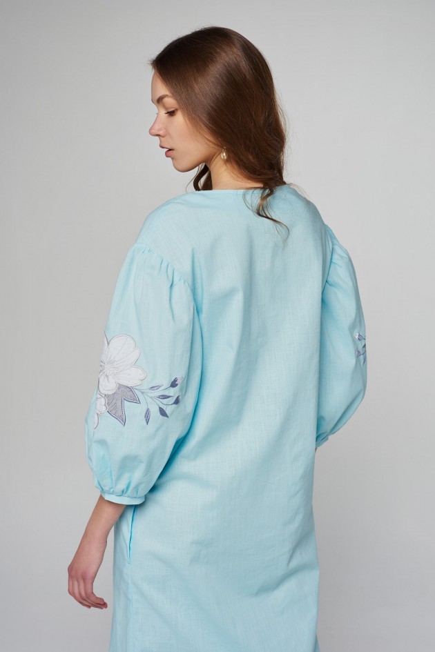 Women's linen embroidered dress Blue UKR-4233