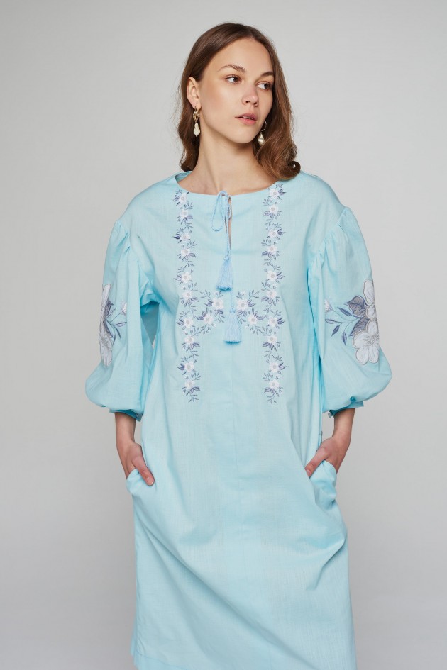 Women's linen embroidered dress Blue UKR-4233