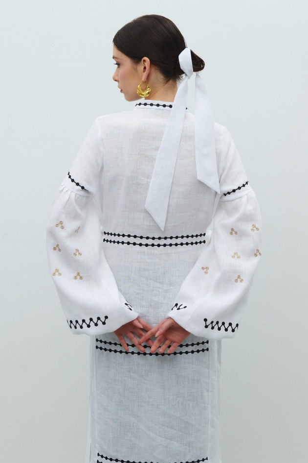 Long embroidered white linen dress Rozkvyt UKR-4252