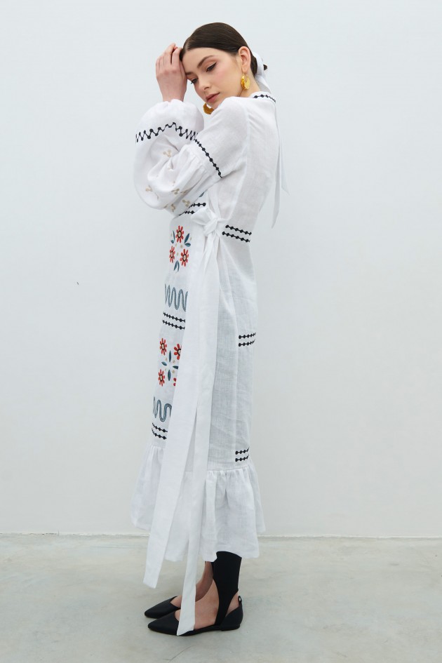 Long embroidered white linen dress Rozkvyt UKR-4252