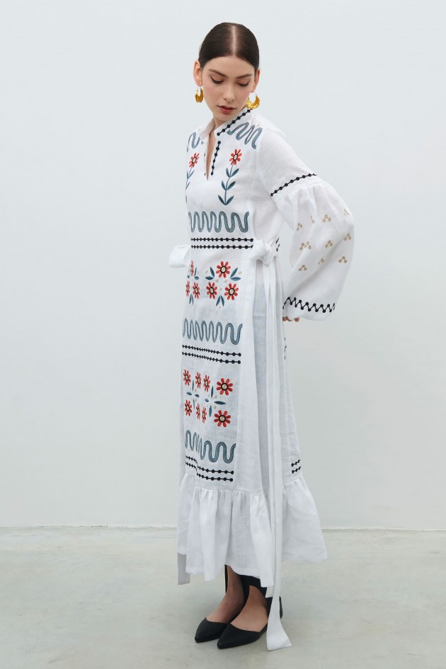 Long embroidered white linen dress Rozkvyt UKR-4252
