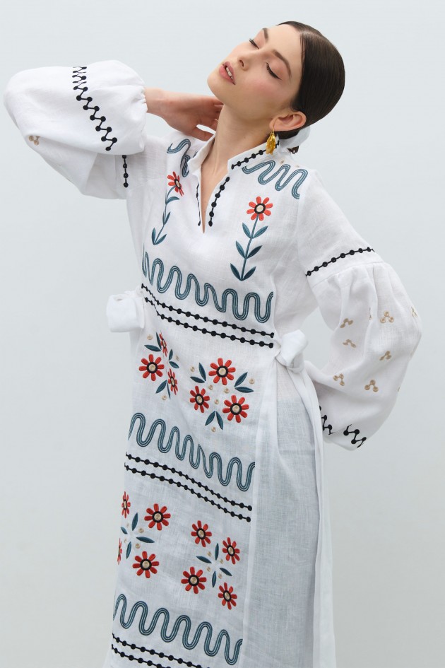 Long embroidered white linen dress Rozkvyt UKR-4252