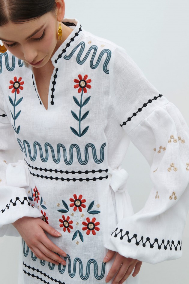 Long embroidered white linen dress Rozkvyt UKR-4252