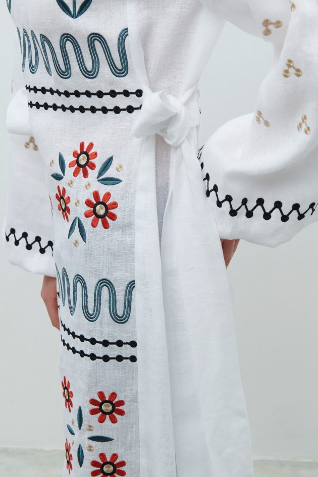 Long embroidered white linen dress Rozkvyt UKR-4252