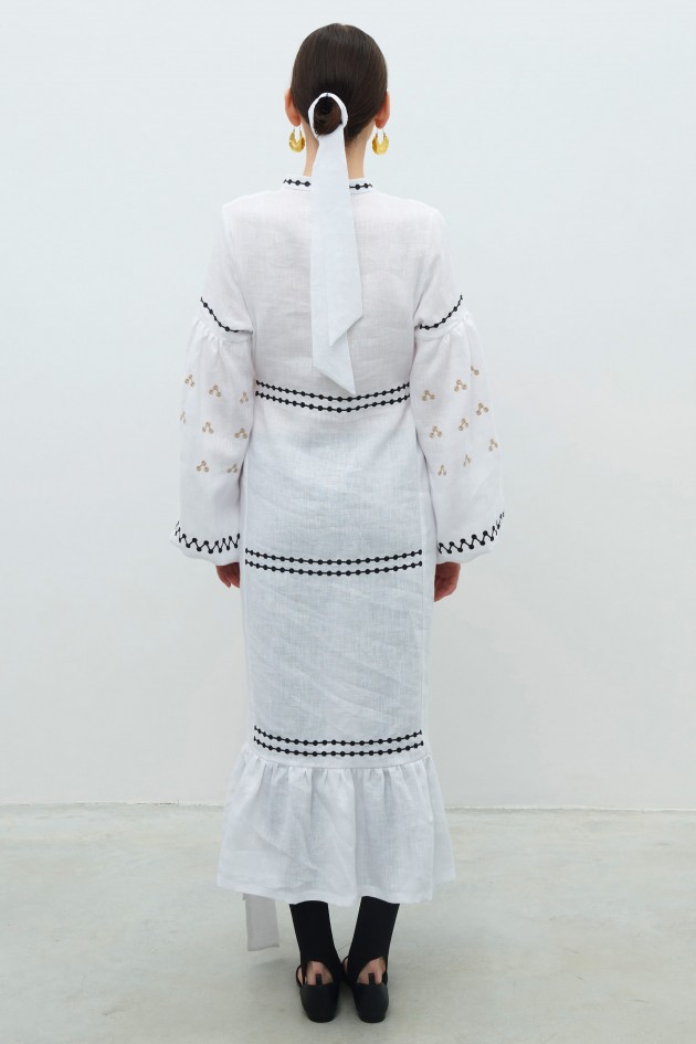 Long embroidered white linen dress Rozkvyt UKR-4252